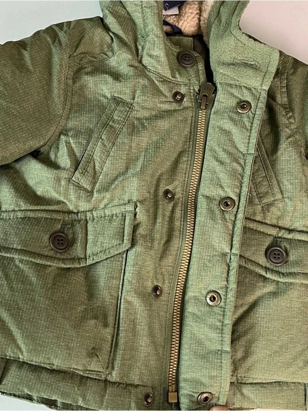 Baby GAP Olive Green Puffer Jacket 6-12 Months Sherpa Hood Insulated Winter Coat